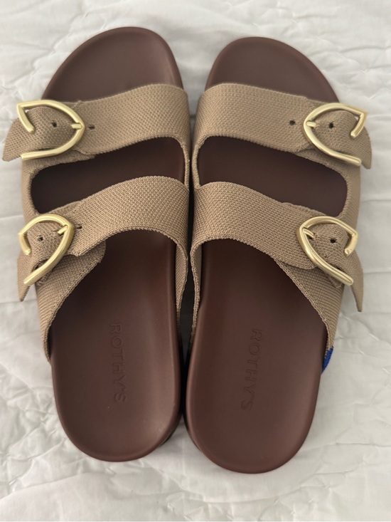 Rothy's Shoes - Rothy's Beige Double Strap Slide Sandals with Gold Buckles